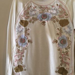 Free People  Cream Embroidered Knit Turtleneck